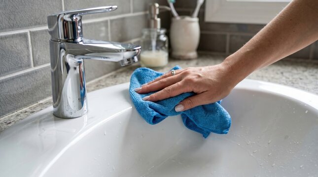 Person cleaning a modern white bathroom sink faucet with a blue microfiber cloth cleaning bathroom housework