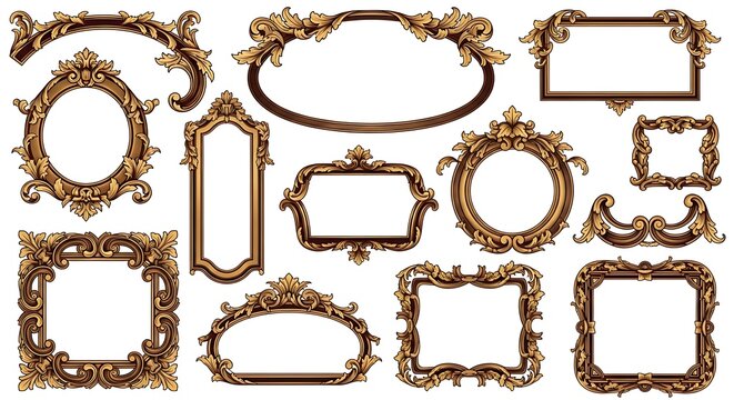Set of decorative vintage ornate frames with gold and dark metal details in various classic shapes