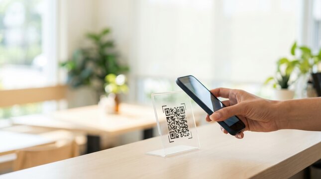 Cashless payment using QR code on smartphone, customer scanning digital menu in modern cafe, professional bright style