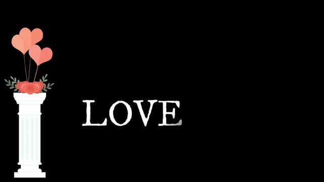 Pillar featuring heart-shaped balloons stands on the left side of a black background with the word Love written in white text next to it to symbolize a romantic occasion or a special celebration.