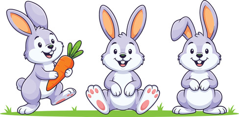Cute Easter Bunny Vector Character Set with Fluffy Purple Rabbits Holding a Carrot and Sitting on Grass for Spring Holiday Greetings and Kids Card Designs © Rumi