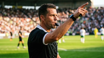 Male soccer referee with whistle signaling during match in stadium with players and audience