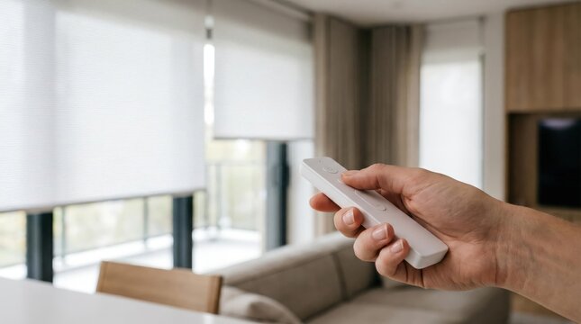 Person Holding Remote Control in Modern Living Room with Large Windows and Natural Light
