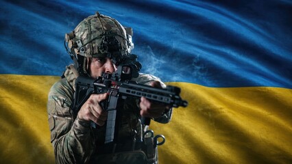 Obraz premium Ukrainian soldier in tactical gear aiming a rifle against the backdrop of the Ukrainian flag, showcasing military readiness and national pride in a dramatic composition