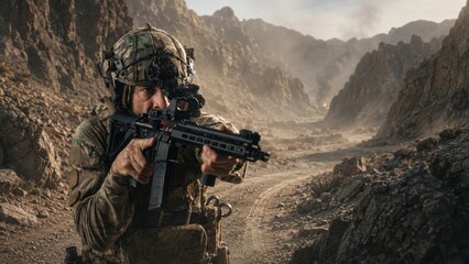 Obraz premium Soldier in camouflage uniform aiming a rifle in a rugged mountainous terrain, dust and rocky landscape visible under a cloudy sky