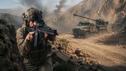 Obraz premium Soldier in camouflage uniform aiming a rifle while crouching on rocky terrain with military vehicle and smoke in the background during a tactical operation