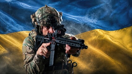 Obraz premium Ukrainian soldier in camouflage uniform aiming a rifle against a backdrop of the Ukrainian flag, showcasing military readiness and national pride