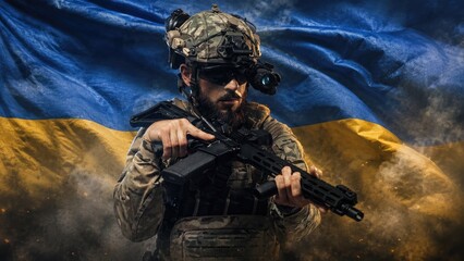 Obraz premium Male soldier in tactical gear holding a rifle, standing against a backdrop of the Ukrainian flag with smoke and dramatic lighting enhancing the scene