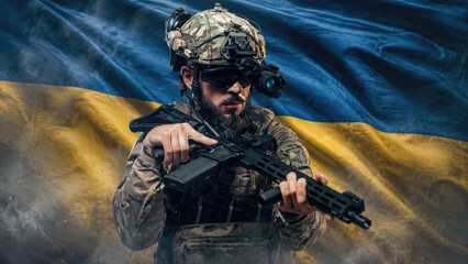 Obraz premium Ukrainian soldier in tactical gear aiming a rifle against a backdrop of the Ukrainian flag, showcasing military readiness and national pride