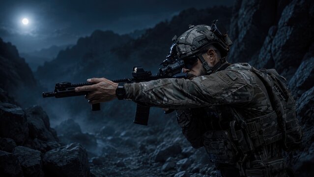 Armed soldier in tactical gear aiming rifle during nighttime operation in rocky terrain under a full moon, showcasing military preparedness and stealth