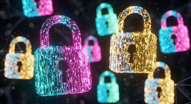 Floating digital binary code padlocks in a dark cyber space background