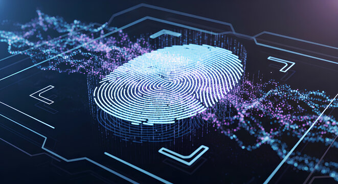 Biometric fingerprint scan icon glowing on a dark futuristic digital interface screen