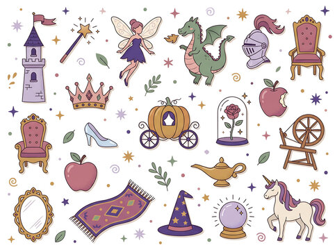  Flat whimsical Fairy Tale icon collection scattered across white background with muted storybook palette and retro vector style