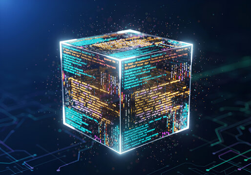 Futuristic glowing cube filled with colorful rows of programming source code floating on a dark circuit background