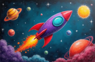 Fototapeta premium Colorful cartoon rocket ship blasts through starry night sky past planets and nebulae. Childlike drawing style depicts space exploration journey and cosmic wonder.