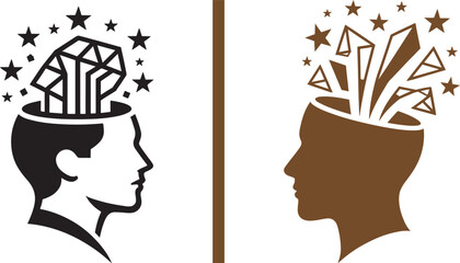 Human head silhouettes with geometric shapes and stars emerging from open minds vector illustration for creativity and brainstorming © reza