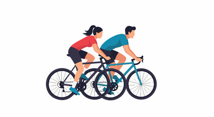 Obraz premium A man and woman cycle together on road bikes, their bodies angled forward