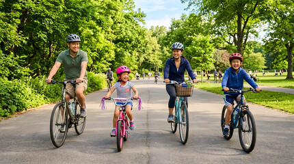 Fototapeta premium Happy family cycling together through green park on weekend morning, active sustainable lifestyle and green family living concept