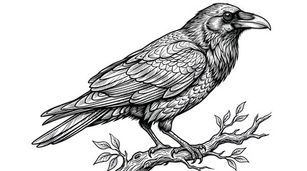 Fototapeta premium Detailed Illustration of a Raven Perched on a Branch