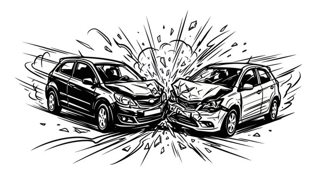 Car Collision Illustration: Two Damaged Cars in a Crash with Debris and Explosion