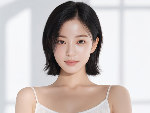 Asian Female model for cosmetic advertising. Beauty skin woman with bare shoulder on white background.
