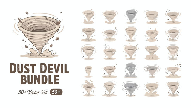 Dust devil bundle with 50+ vector set, cartoon tornado and whirlwind icons, swirling sand storm and wind vortex collection for game design
