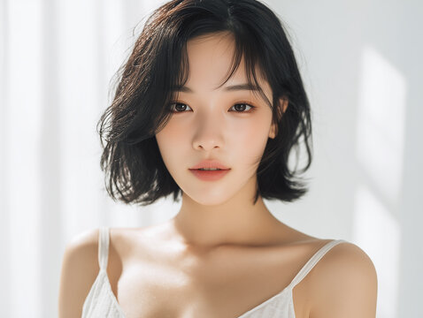 Asian Female model for cosmetic advertising. Beauty skin woman with bare shoulder on white background.