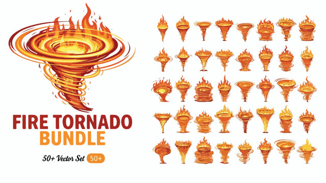Fire tornado bundle with 50 vector icons, flaming whirlwind and vortex flame set, orange fire twister collection for game design and visual effects