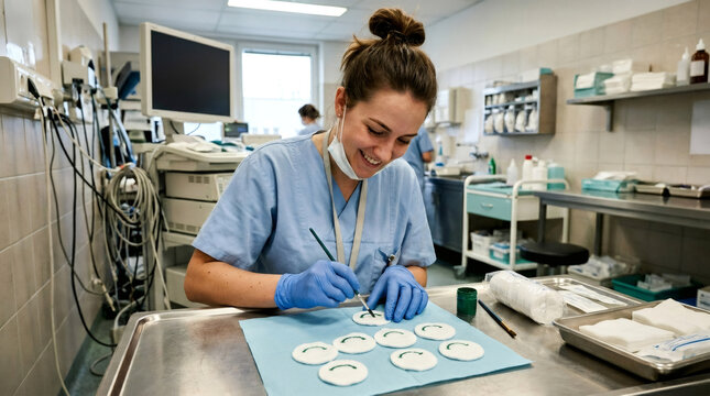 Nurse wearing blue uniform and protective mask painting circles on medical pads in hospital room. Professional healthcare worker practicing steady hand technique for microsurgery preparation.