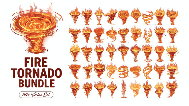 Fire tornado bundle, 50x vector set of flaming whirlwind icons, burning vortex and fiery cyclone collection for gaming and disaster design