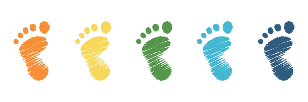 Baby Footprint Symbols Featuring Colorful Crayon Texture, Playful Rainbow Design, and Child Themed Illustration