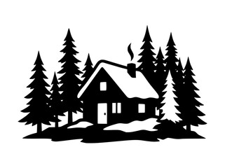 Obraz premium Winter cabin in the woods with pine trees silhouette vector