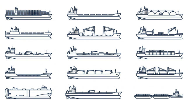 Various Types of Cargo and Passenger Ships Illustration