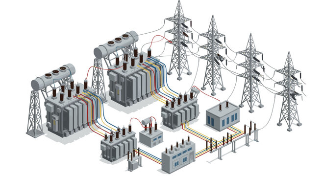 Electrical substation featuring multiple high-voltage transformers, steel towers, and intricate power line connections in an isometric layout on a clean light grey background.