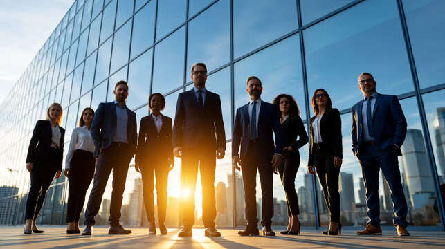 Business Leaders at Dawn: A team of confident business professionals stands united, silhouetted against the rising sun in front of a modern glass skyscraper, exuding ambition and success.