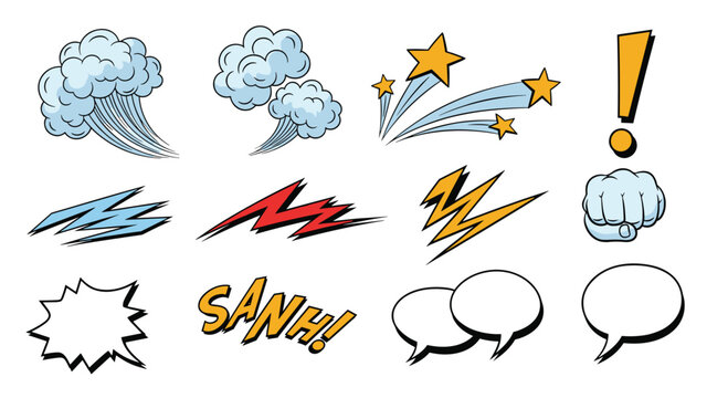 Variety of comic book speech bubbles and action elements featuring explosions stars and lightning bolts for graphic design.