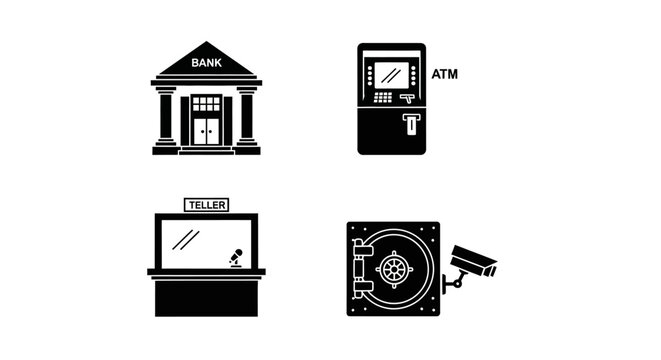 Bank Services Icons: Building, ATM, Teller, Safe, Security Camera