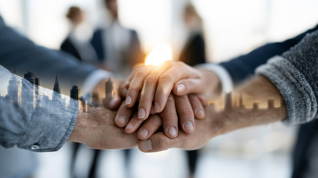 Teamwork and Trust: A group of business professionals unites their hands in a powerful gesture of collaboration and commitment, symbolizing shared goals and mutual support in a modern office setting.