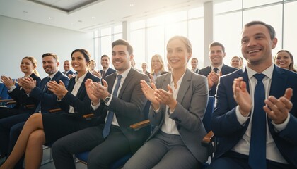 Obraz premium Diverse group of professionals clapping and smiling during a business conference or presentation.