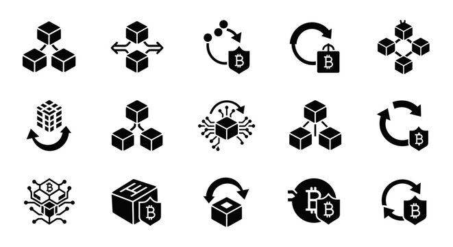 Blockchain Technology Icons: Cryptography, Network, Security, Cryptocurrency, Data