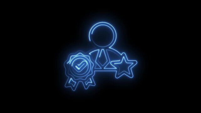 Glowing blue neon outline of a person with a tie a star and a verified badge with a checkmark icon