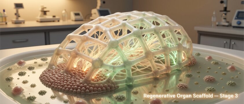 A 3D-printed regenerative organ scaffold at stage 3, designed to support tissue growth in a lab environment.