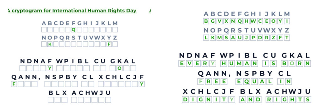 Vector image with cryptogram code for International Human Rights Day with the correct answer  