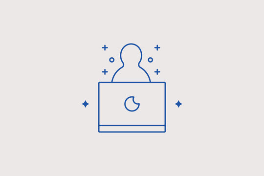 User avatar profile silhouette emerging from open laptop screen line icon for online student registration, digital freelance profile setup. Effective vector illustration for distance learning web port