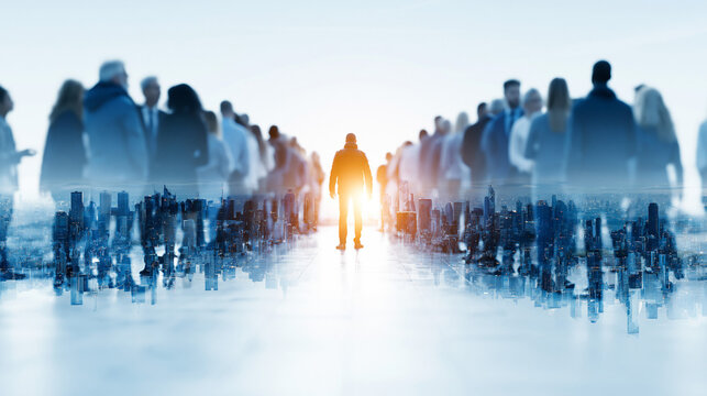 Leadership Through the Crowd: A solitary figure stands illuminated by the sun, emerging from a blurred throng of people, symbolizing guidance and influence.