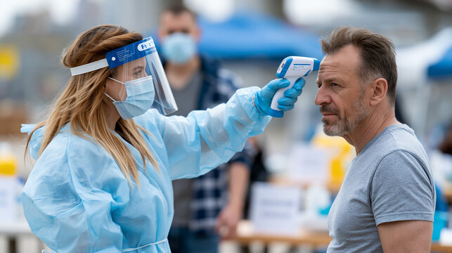 Health Screening in Action: A medical professional wearing protective gear uses a non-contact thermometer to check a man's temperature.