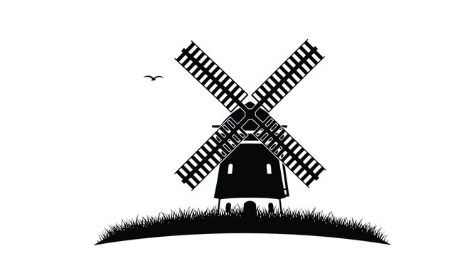 Black silhouette of a windmill with bird flying