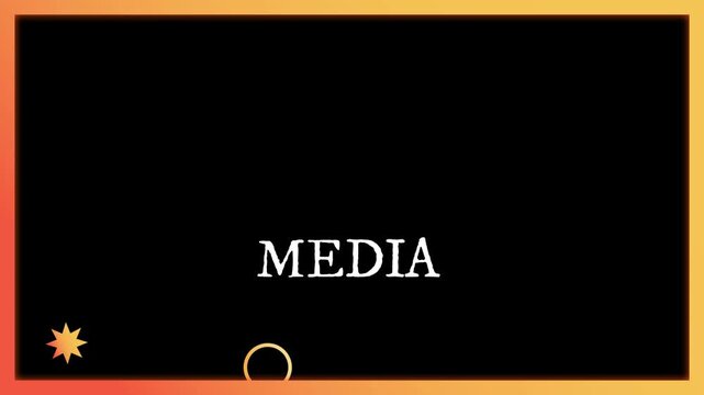 Media text sits centered within a dark rectangular frame bordered by a gradient edge with minimal geometric icons placed at the bottom to suggest a professional and sleek presentation interface.