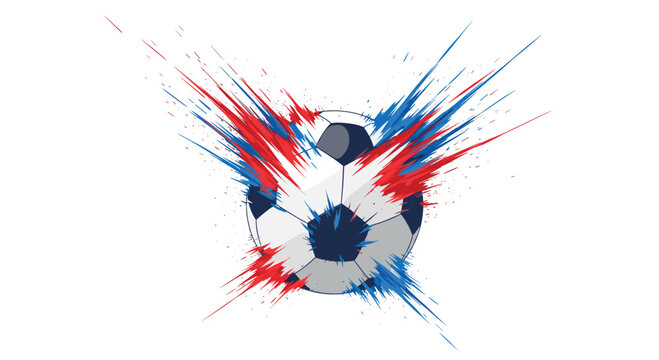 Soccer ball exploding with dynamic red and blue paint splashes radiating outwards to create an energetic sports graphic for football tournaments and events.