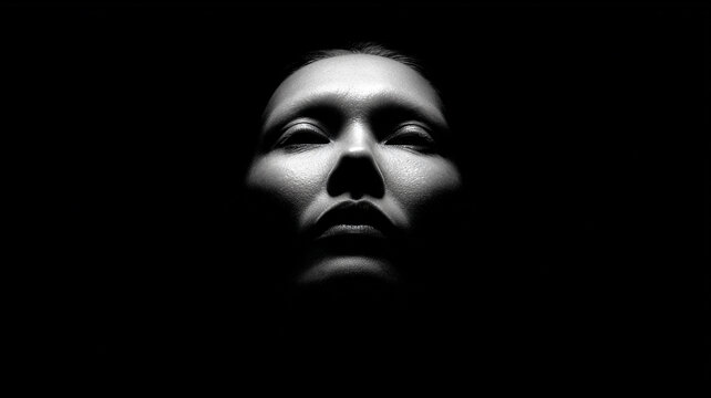 Mysterious Female Face Emerging From Darkness. - Dramatic Black and White Portrait.